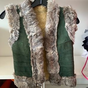 Green suede vest with grey rabbit fur trim lined with sheepskin. Size XS